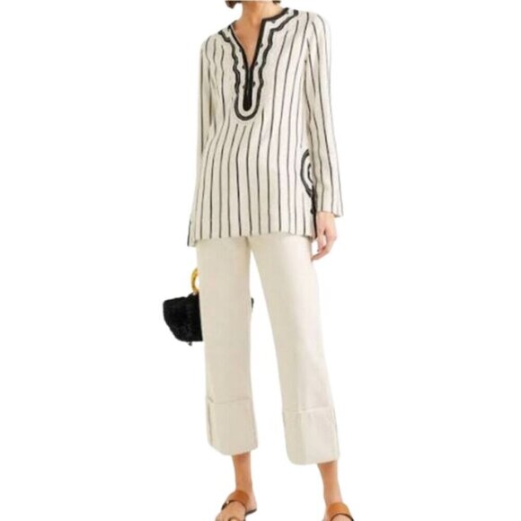 Tory Burch Tory Tunic Top Filip Rayon Slub Stripe New Ivory / Black Size 0 NEW - Picture 1 of 6
